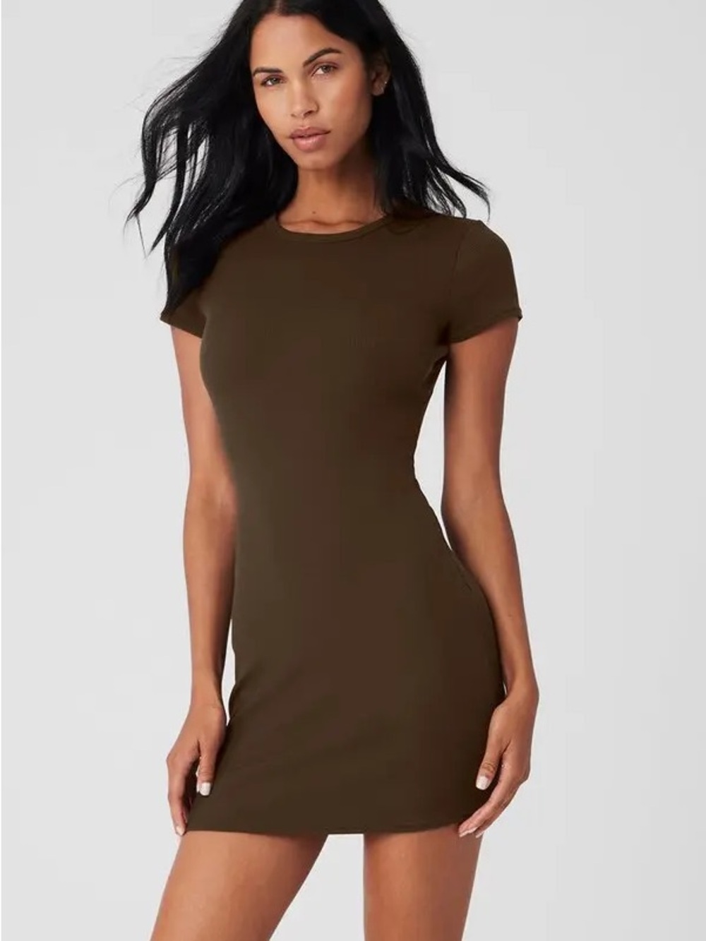 Classic Fit Crewneck Short Sleeve Bodycon Dress - brown Alo